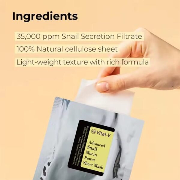 Vital-V Snail Mucin Sheet Mask with Snail Mucin Serum, Self Care, Face Masks for Dry, Sensitive Skin, Not Tested on Animals, No Parabens, No Sulfates, Korean Skin Care 2 Counts/Pack - Image 5